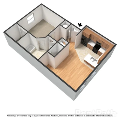 Published Parkside Manor plan for the one bedroom apartment, drawn from above: an entry beside the kitchen, an open living area along the outer wall, one bedroom and one bathroom.