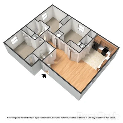 Published Parkside Manor plan for the three bedroom apartment, drawn from above: a kitchen and open living area on the right, three bedrooms across the plan and two bathrooms.
