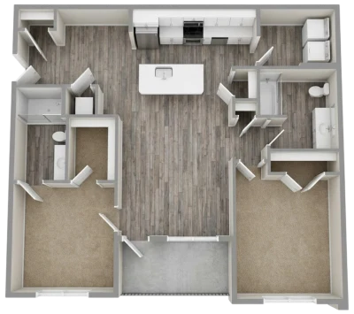 Published Bierhaus Flats top-down rendering for the two bedroom apartment, showing an open kitchen and living area, two bedrooms, two bathrooms, laundry space and a patio.