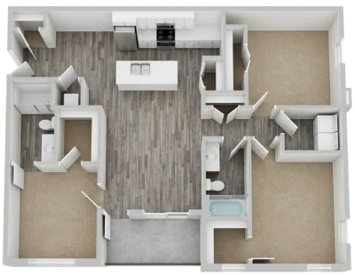 Published Bierhaus Flats top-down rendering for the three bedroom apartment, showing an open kitchen and living area, three bedrooms, two bathrooms, laundry space and a patio.