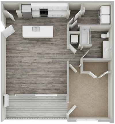 Published Bierhaus Flats top-down rendering for the one bedroom apartment, showing an open kitchen and living area, one bedroom, one bathroom, laundry space and a deck.