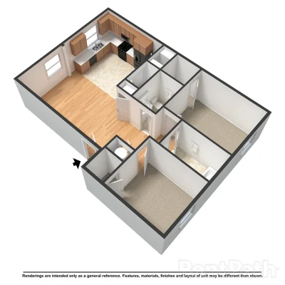 Published Parkside Manor plan for the two bedroom apartment, drawn from above: a kitchen along the top wall, an open living area, two bedrooms and a bathroom plus a half bathroom.