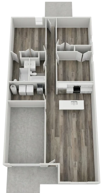 Published Orchard Estates top-down floor-plan rendering for the three-bedroom duplex, showing three bedrooms, two bathrooms, an open kitchen and living area, in-unit laundry and a garage.