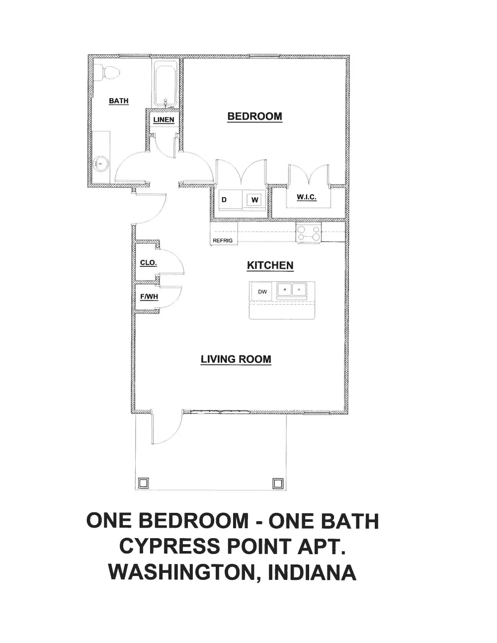 Published Cypress Point floor plan for the one bedroom, one bath apartment, showing a bedroom with a walk-in closet, a bathroom, in-unit laundry, a kitchen, a living room and a patio.