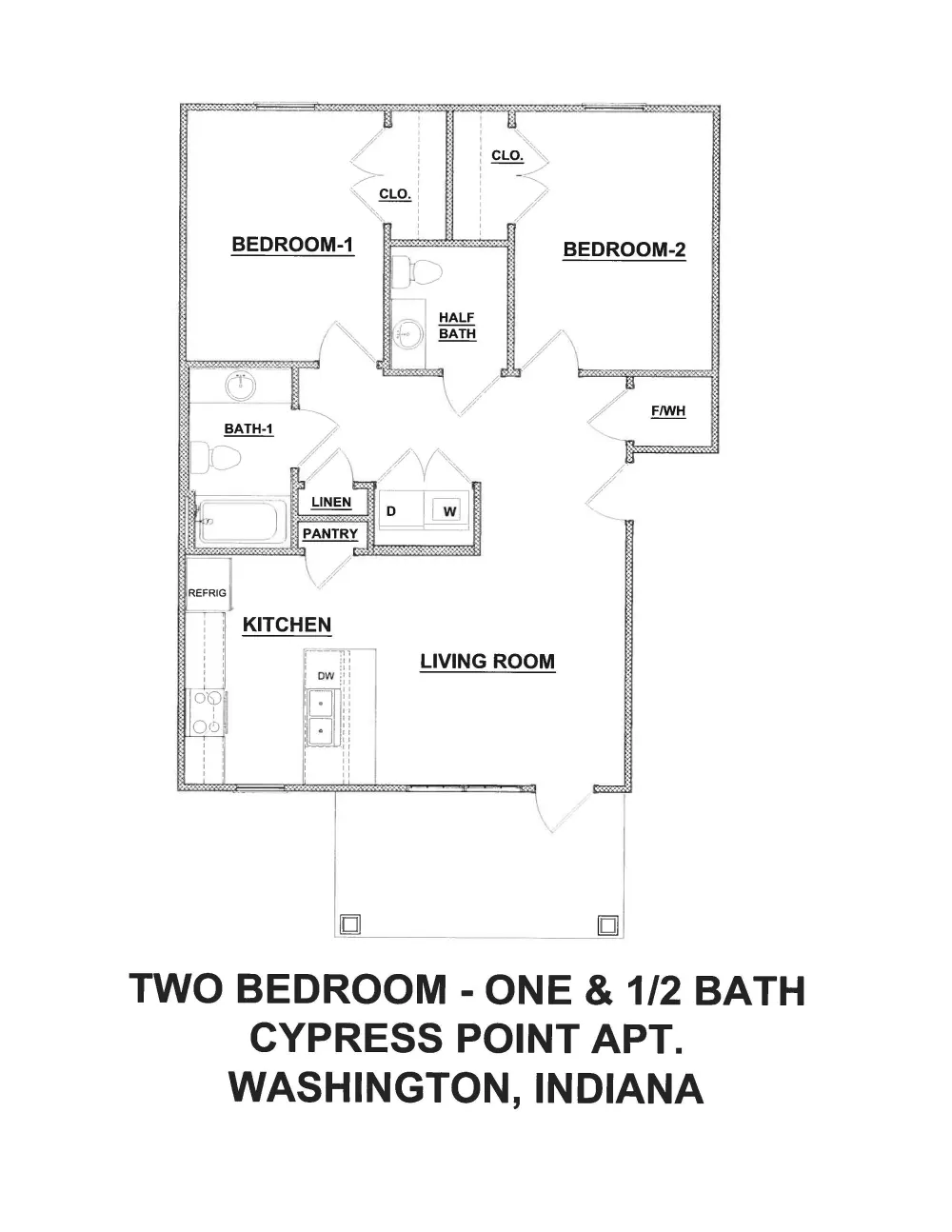Published Cypress Point floor plan for the two bedroom, one and a half bath apartment, showing two bedrooms with closets, a full bathroom, a half bathroom, in-unit laundry, a kitchen, a living room and a patio.