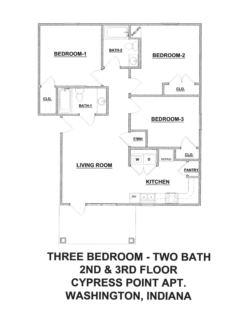 Published Cypress Point second- and third-floor plan for the three bedroom, two bath apartment, showing three bedrooms, two bathrooms, in-unit laundry, a kitchen, a living room and a patio.
